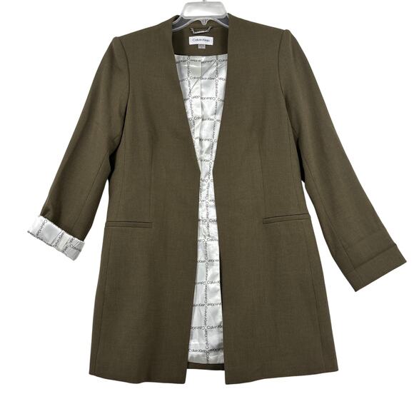 Calvin Klein Blazer Jacket Size 14 Olive Open Front Logo Lining Pockets Longline - Picture 1 of 12